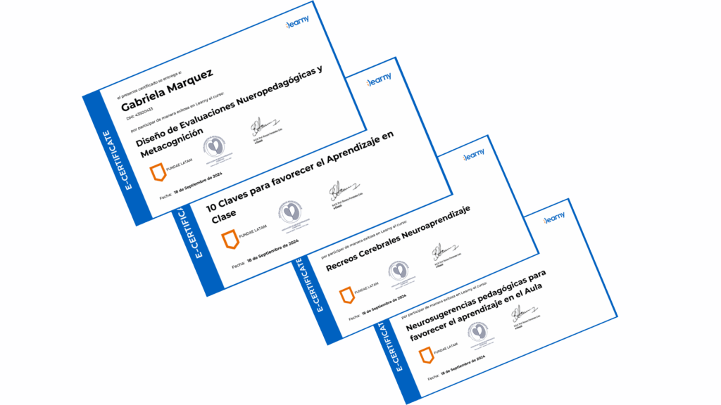 Cuatro certificados Learny MAX por cursos neuropedagógicos completados.