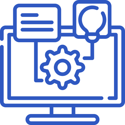 Pantalla de computadora que muestra un engranaje, un documento y una bombilla, que representan la configuración del sistema y las ideas.