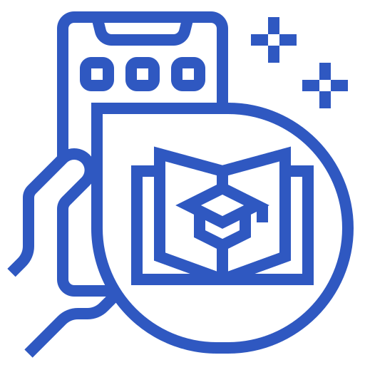 Mano sosteniendo un teléfono inteligente mostrando un libro abierto con una gorra de graduación