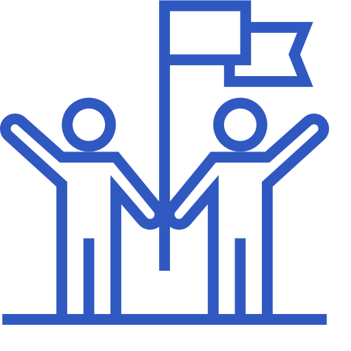 Dos figuras celebrando el éxito, levantando los brazos en señal de victoria junto a una bandera.