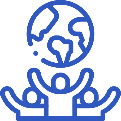 Dos personas levantando el mundo, simbolizando la colaboración global.