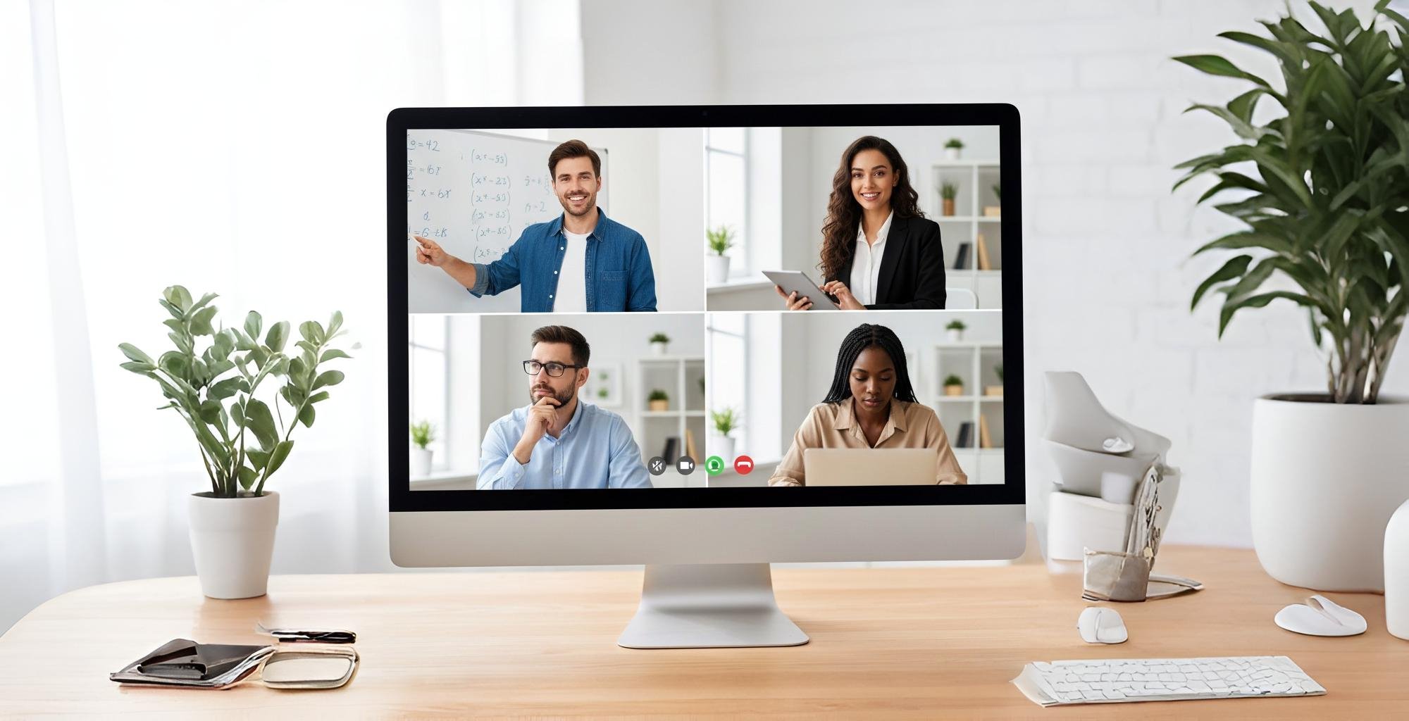 Cuatro colegas en videoconferencia, uno de ellos explicando ecuaciones matemáticas.