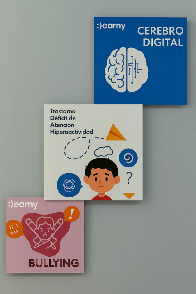 Representación visual de problemas de salud mental: TDAH, bullying y un "Cerebro Digital".
