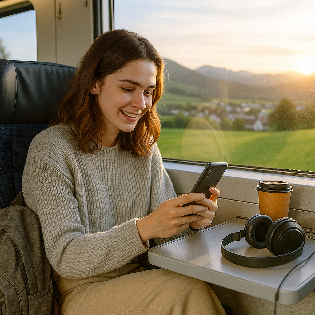 Mujer sonriente revisando su móvil en un tren con paisaje de fondo. Auriculares y café en la mesa.