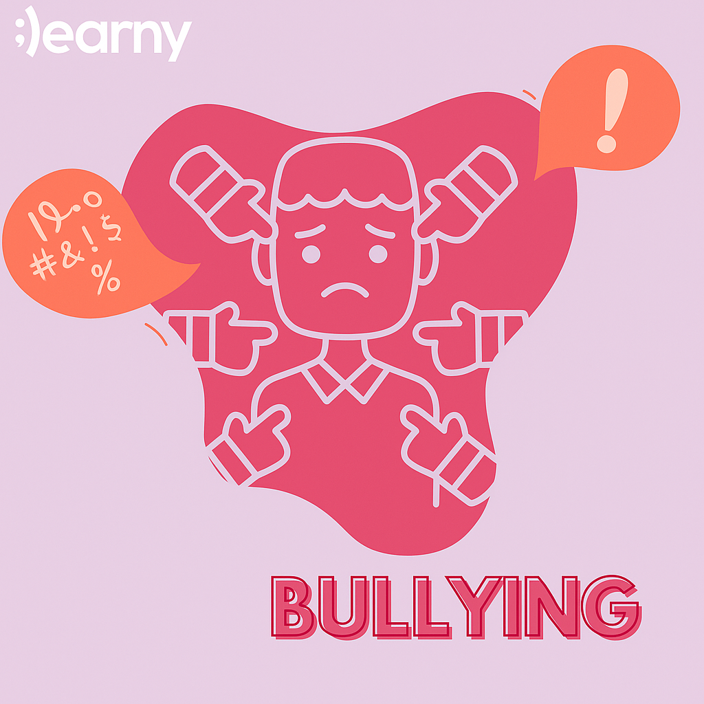 Acoso escolar: persona triste rodeada de dedos acusadores y palabras hirientes. Bullying.