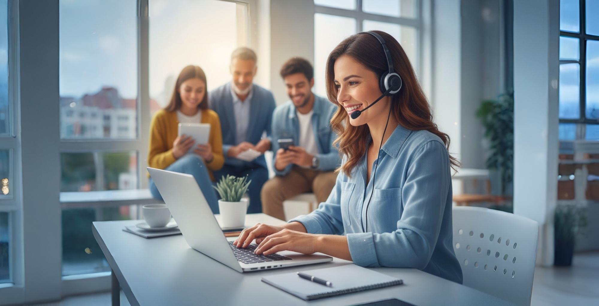 Mujer con auriculares trabajando en una computadora portátil en un entorno de oficina