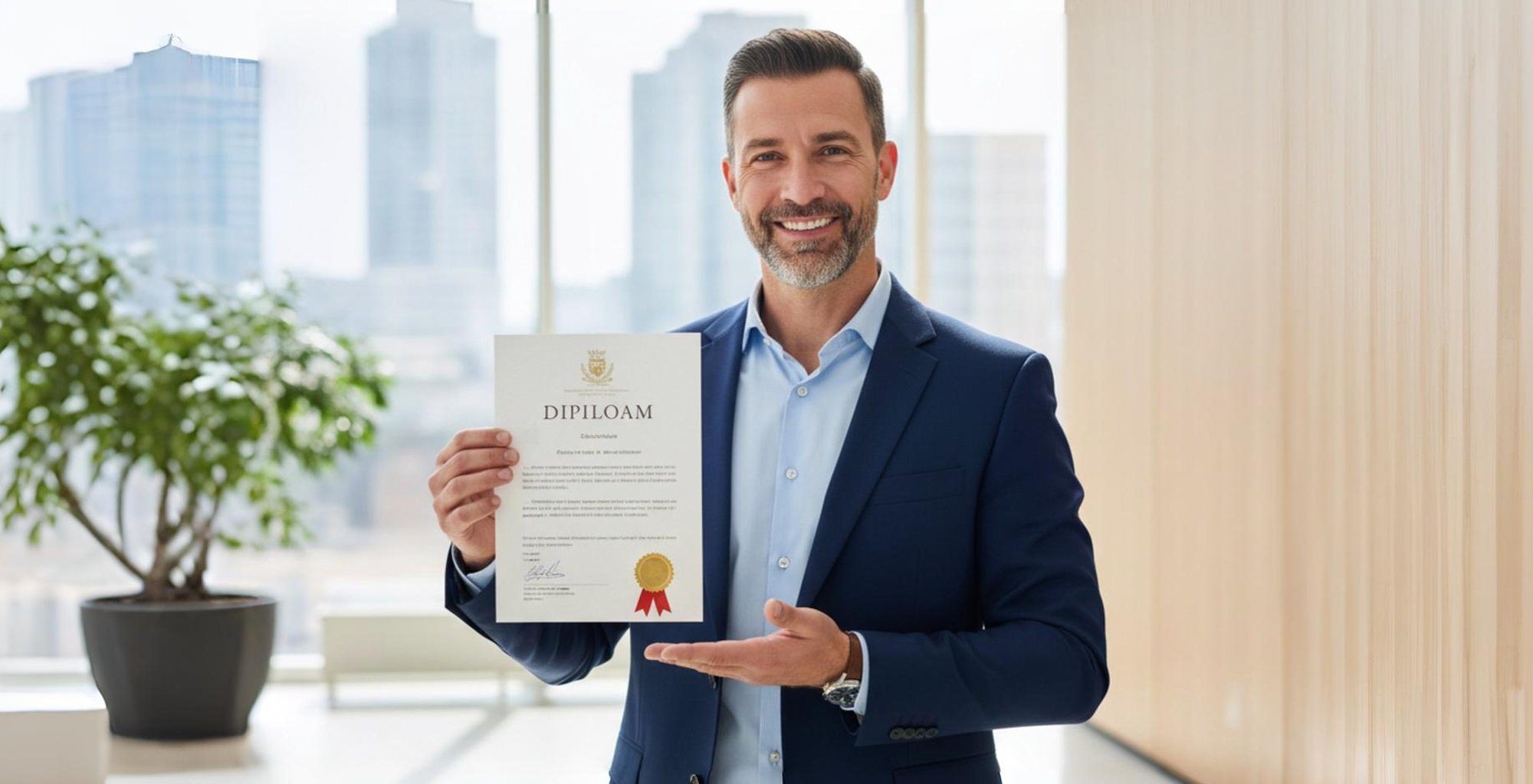 Hombre de traje sosteniendo el diploma "DIPLOM", sonriendo en un entorno de oficina.