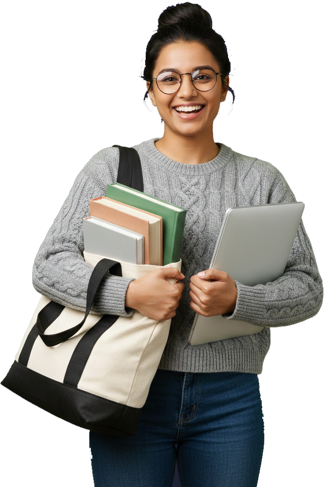 Estudiante sonriente con libros, laptop y bolso. Lista para "Master".