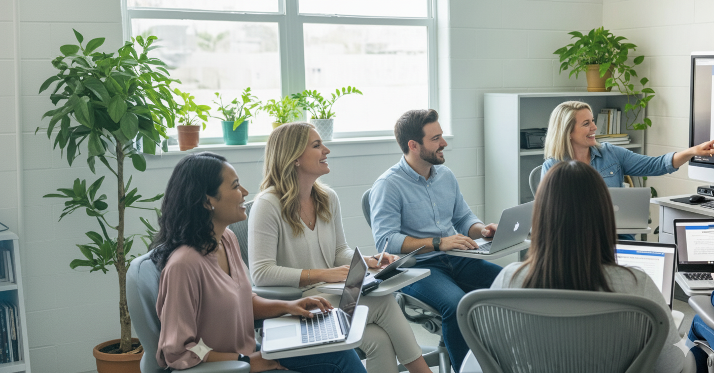 Grupo de personas en una reunión, discutiendo un proyecto con computadoras portátiles.
