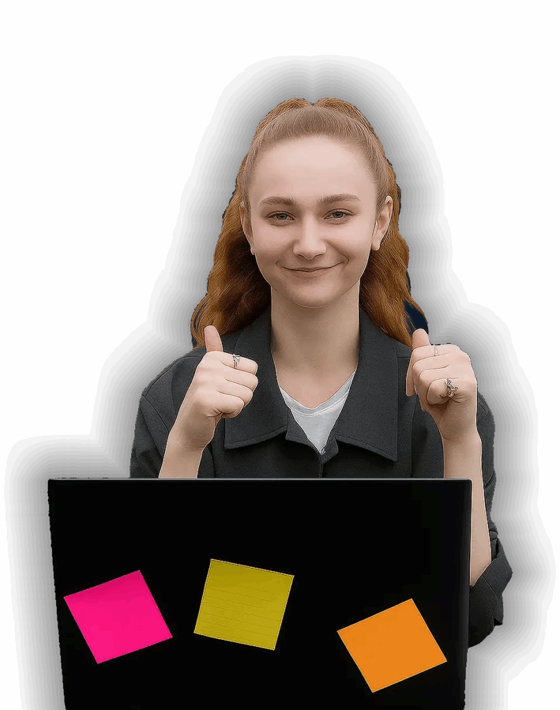 Mujer sonriente frente a portátil con notas adhesivas, mostrando pulgares arriba.