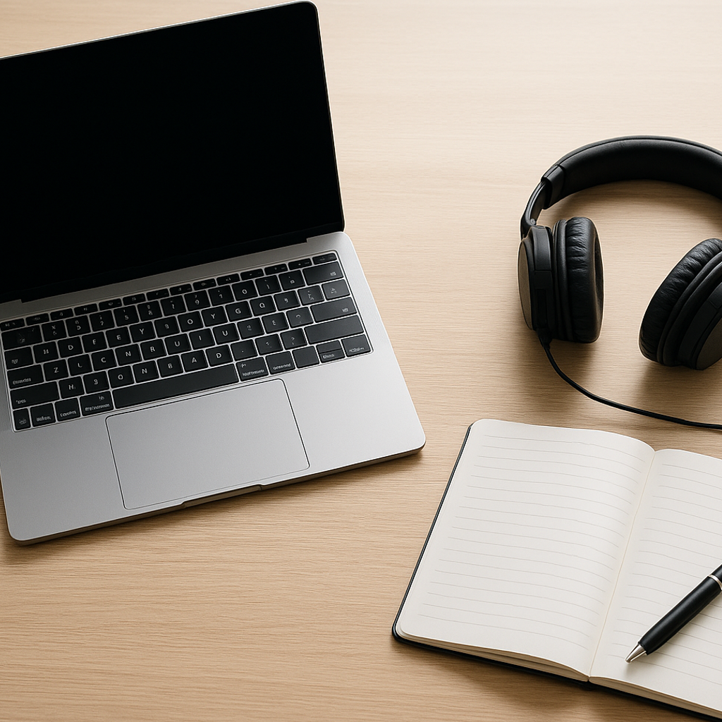 Laptop, audífonos, cuaderno y bolígrafo sobre escritorio de madera. Ideal para el blog Master.