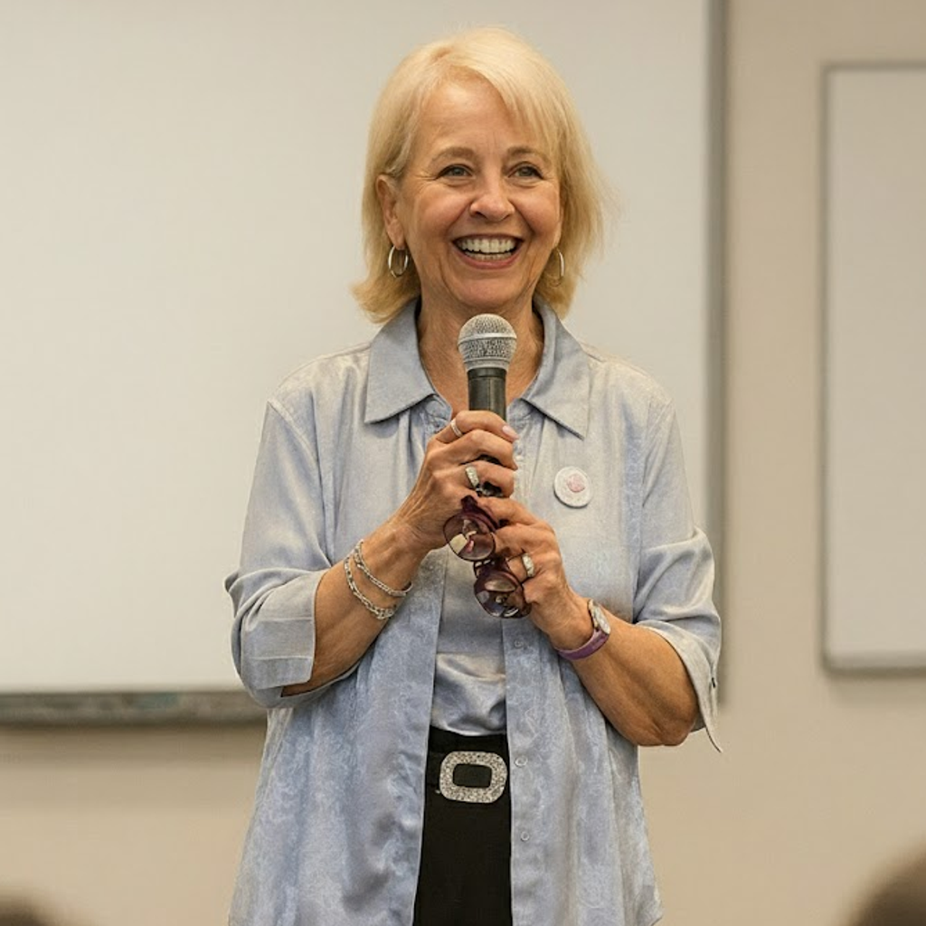 Mujer rubia sonriendo y hablando en un micrófono.