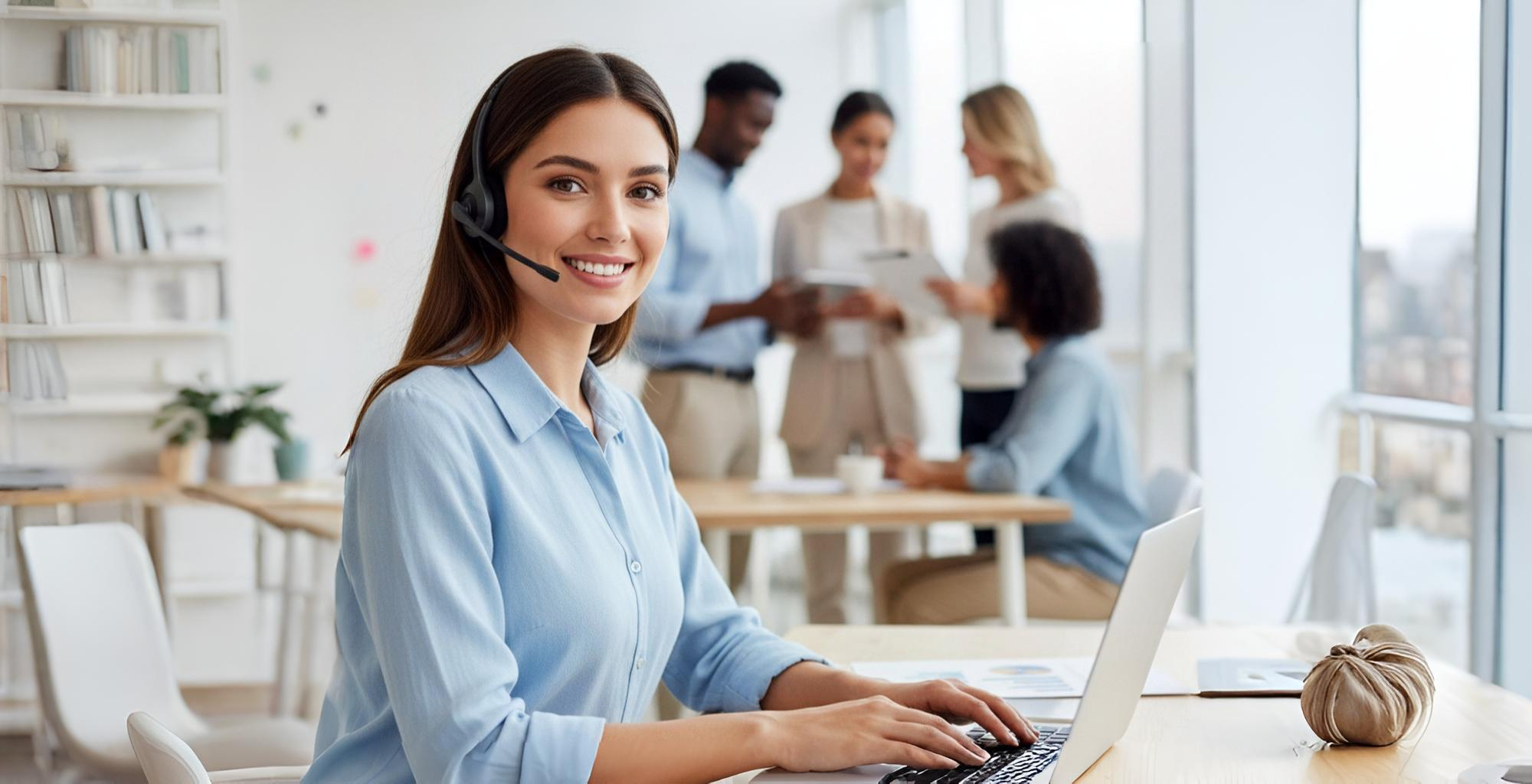 Mujer sonriente con auriculares trabajando en una computadora portátil en la oficina, servicio al cliente.