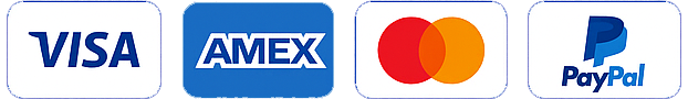 Logos de Visa, AMEX, Mastercard y PayPal, métodos de pago aceptados.