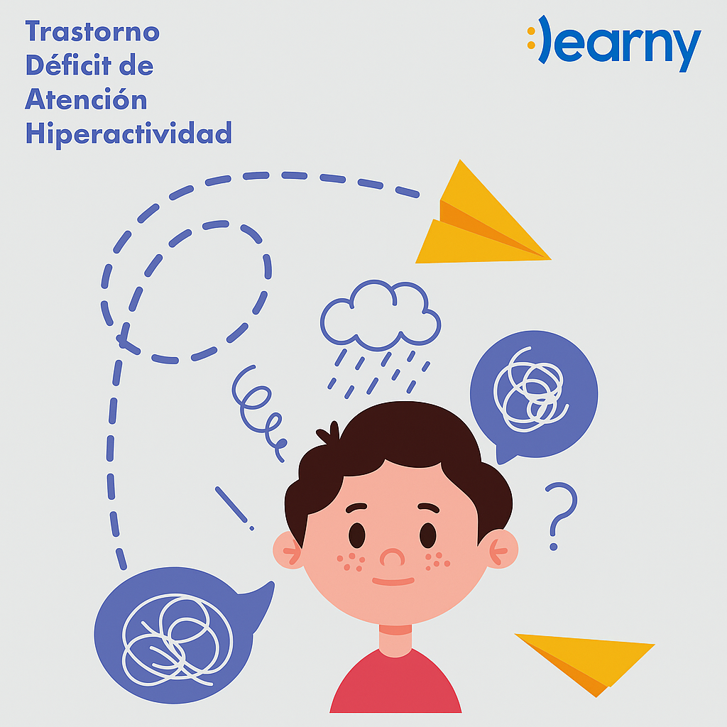 Niño con TDAH (Trastorno por Déficit de Atención e Hiperactividad) con pensamientos confusos.